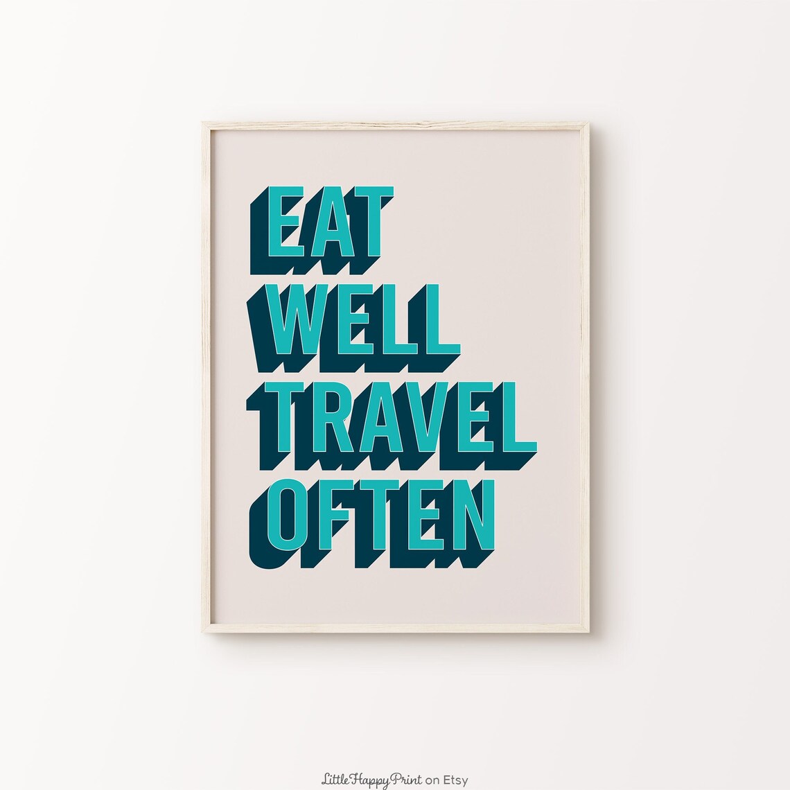Eat Well Travel Often Teal Retro 3D Block Letter Quote Poster