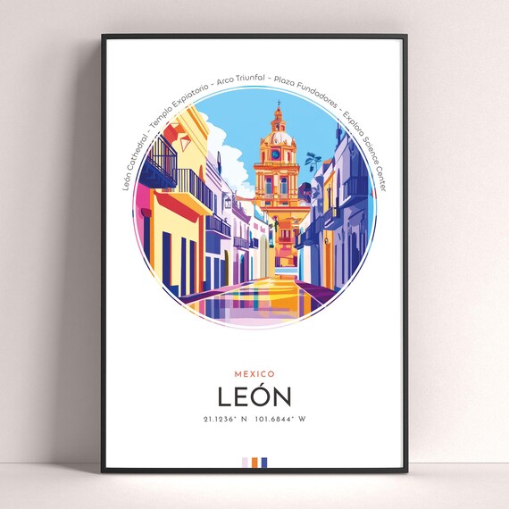 Leon Mexico Cathedral Tower Colonial Street Sunset Travel Poster