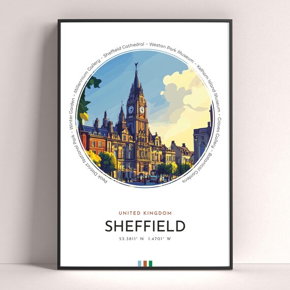 Sheffield England Town Hall Clock Tower Historic Travel Poster