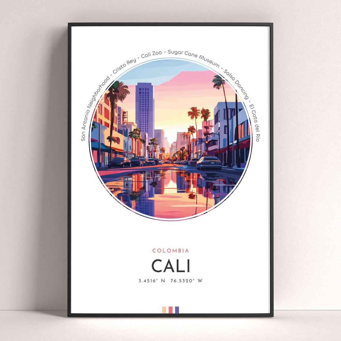 Cali Colombia Palm Trees Sunset Boulevard Cityscape Travel Poster - Image 4