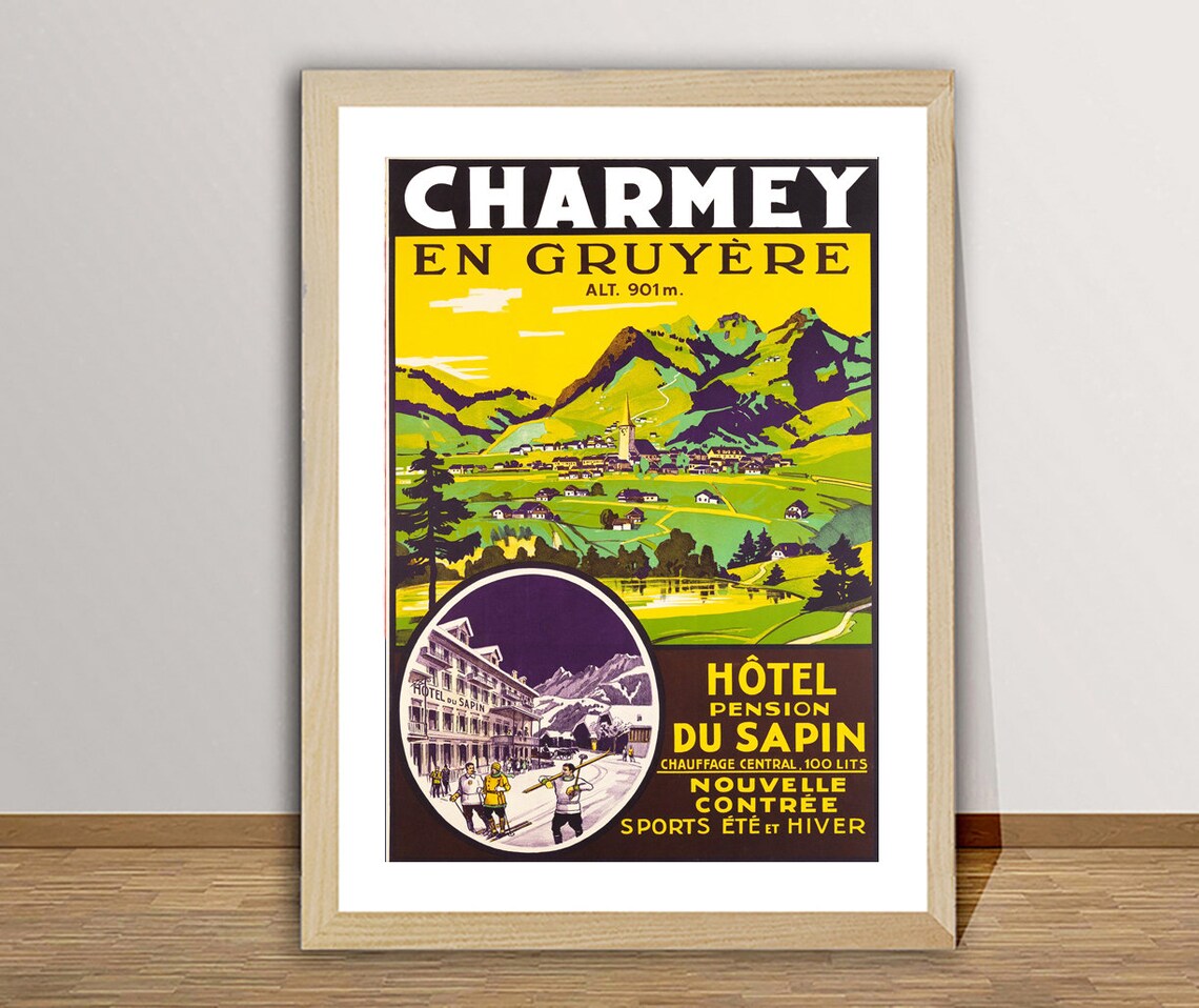 Charmey En Gruyere Switzerland Hotel Du Sapin Alpine Village Vintage Travel Poster