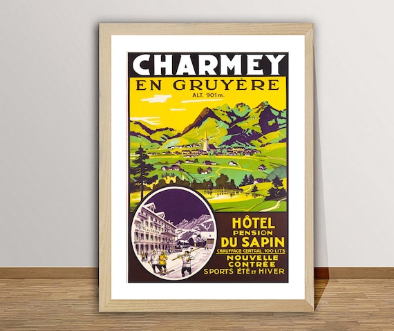 Charmey En Gruyere Switzerland Hotel Du Sapin Alpine Village Vintage Travel Poster