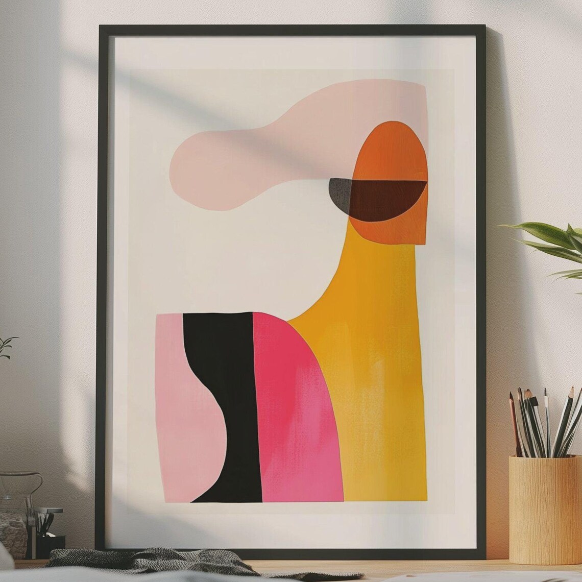 Colorful Mustard Pink and Black Bold Block Abstract Modern Poster