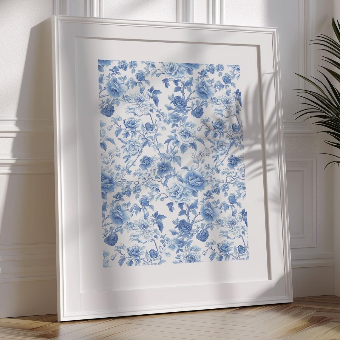 Blue Toile De Jouy Floral Poster Chinoiserie English Garden Flower Art