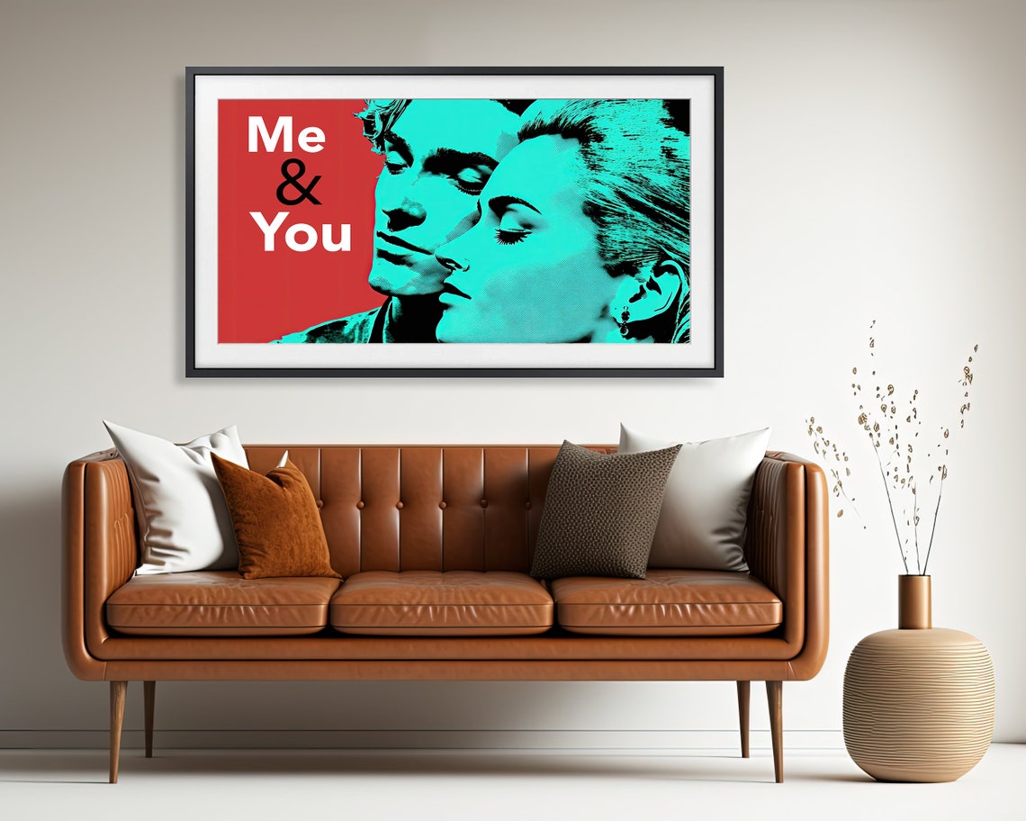 Retro Pop Art Loving Couple Me And You Red Teal Bold Wall Art Poster - Image 2