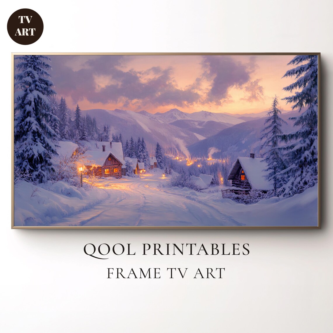 Snowy Mountain Village Sunset Glowing Cabins Winter Art Poster