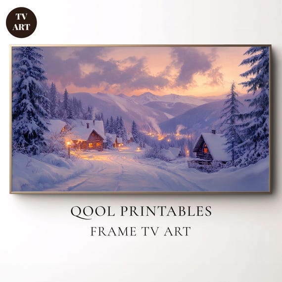 Winter Cabin Tv Art Snowy Mountain Village Oil Painting Cozy Screen Decor Storybook Samsung Frame