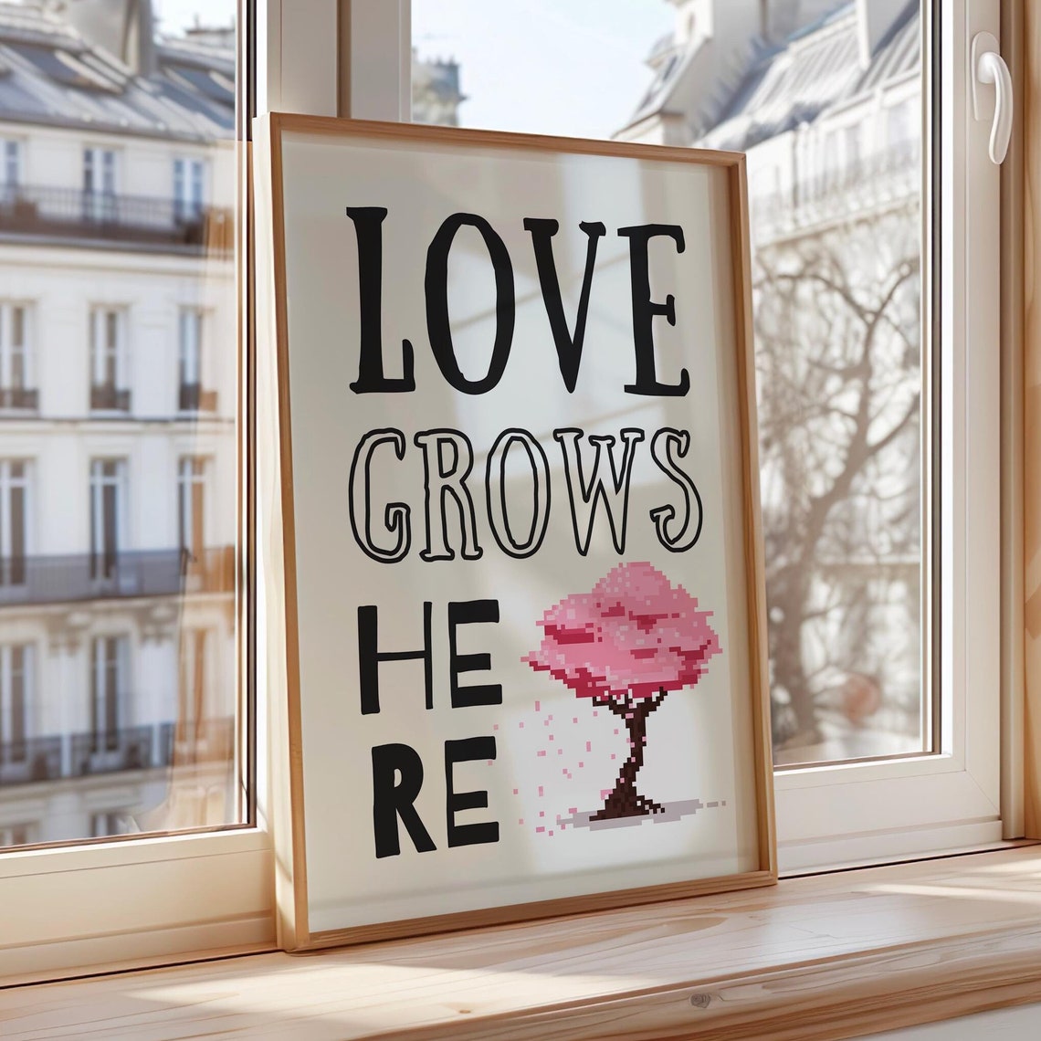 Love Grows Here Wall Art Pink Tree Quote Modern Minimalist For Nursery Bedroom Living Room Decor - Image 2