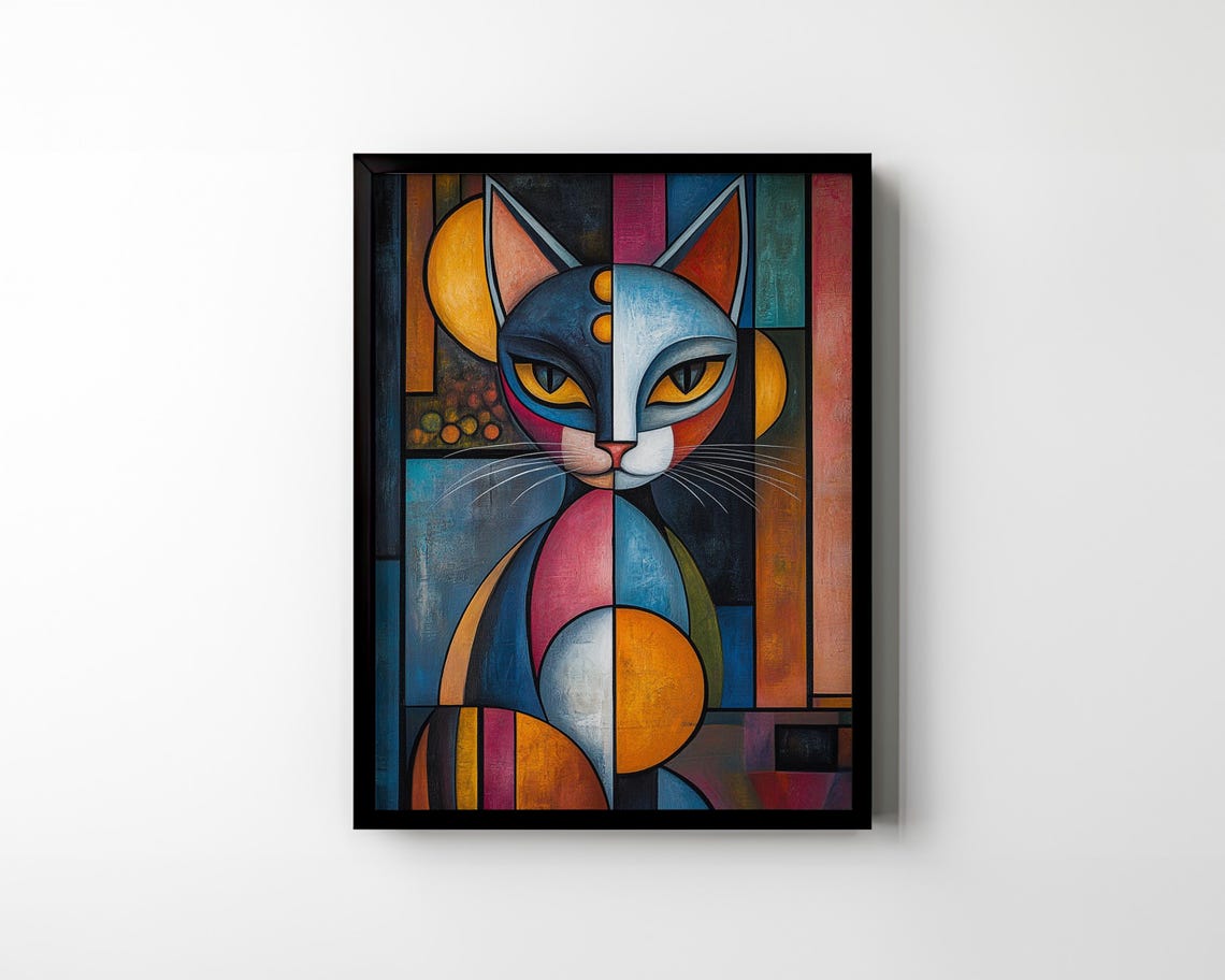 Colorful Cubist Cat Portrait With Split Blue Face Geometric Poster - Image 2