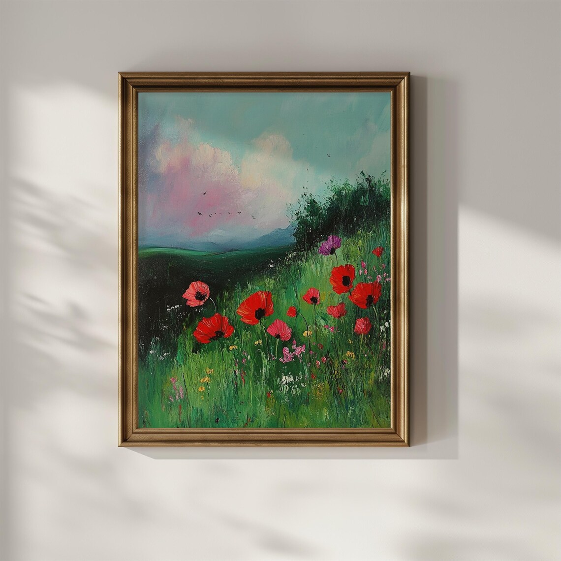 Red Poppies Wildflower Field Pink Sky Mountain Landscape Oil Poster - Image 3