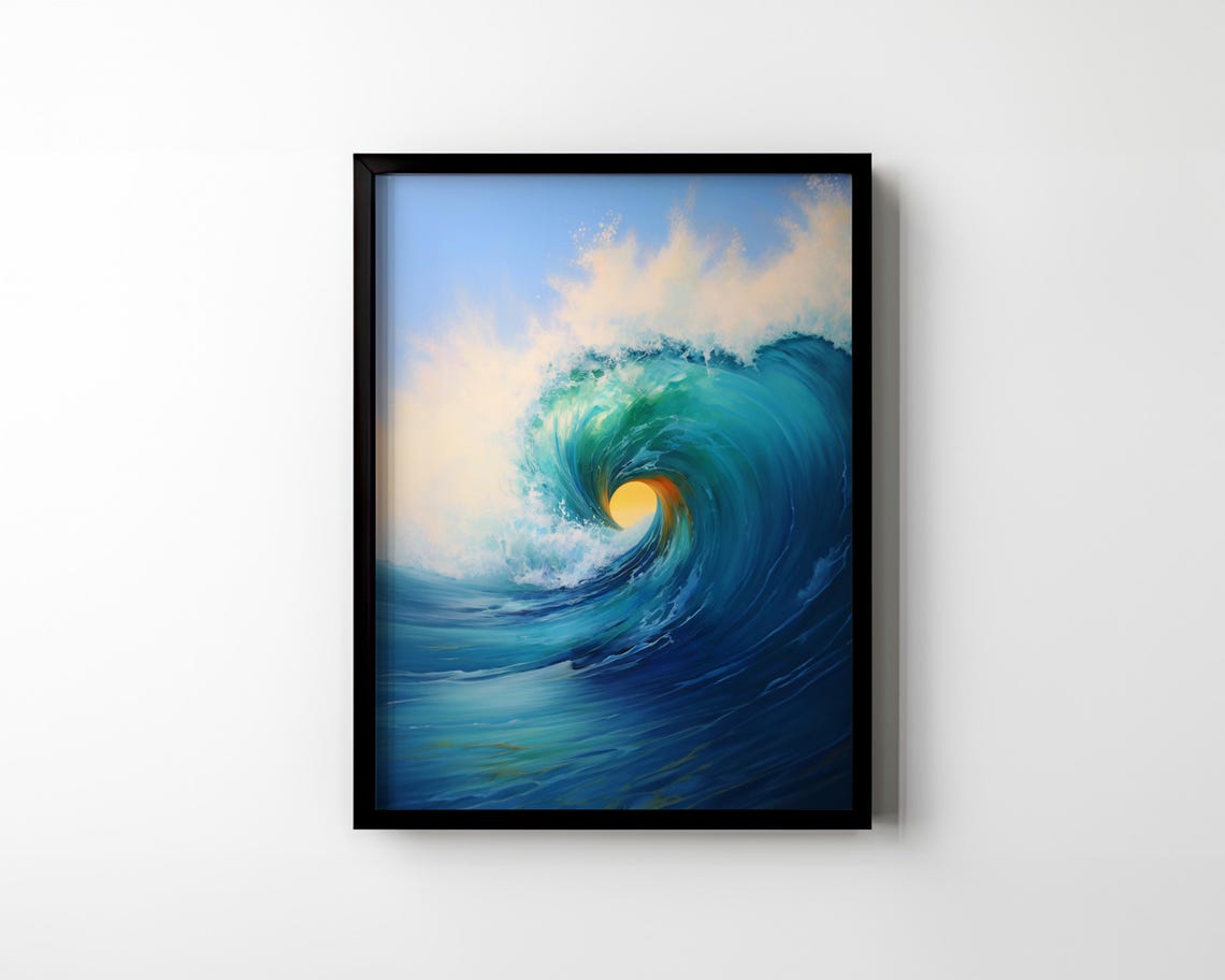 Ocean Wave Curl with Sun Glowing Through Blue Barrel Surf Poster - Image 2