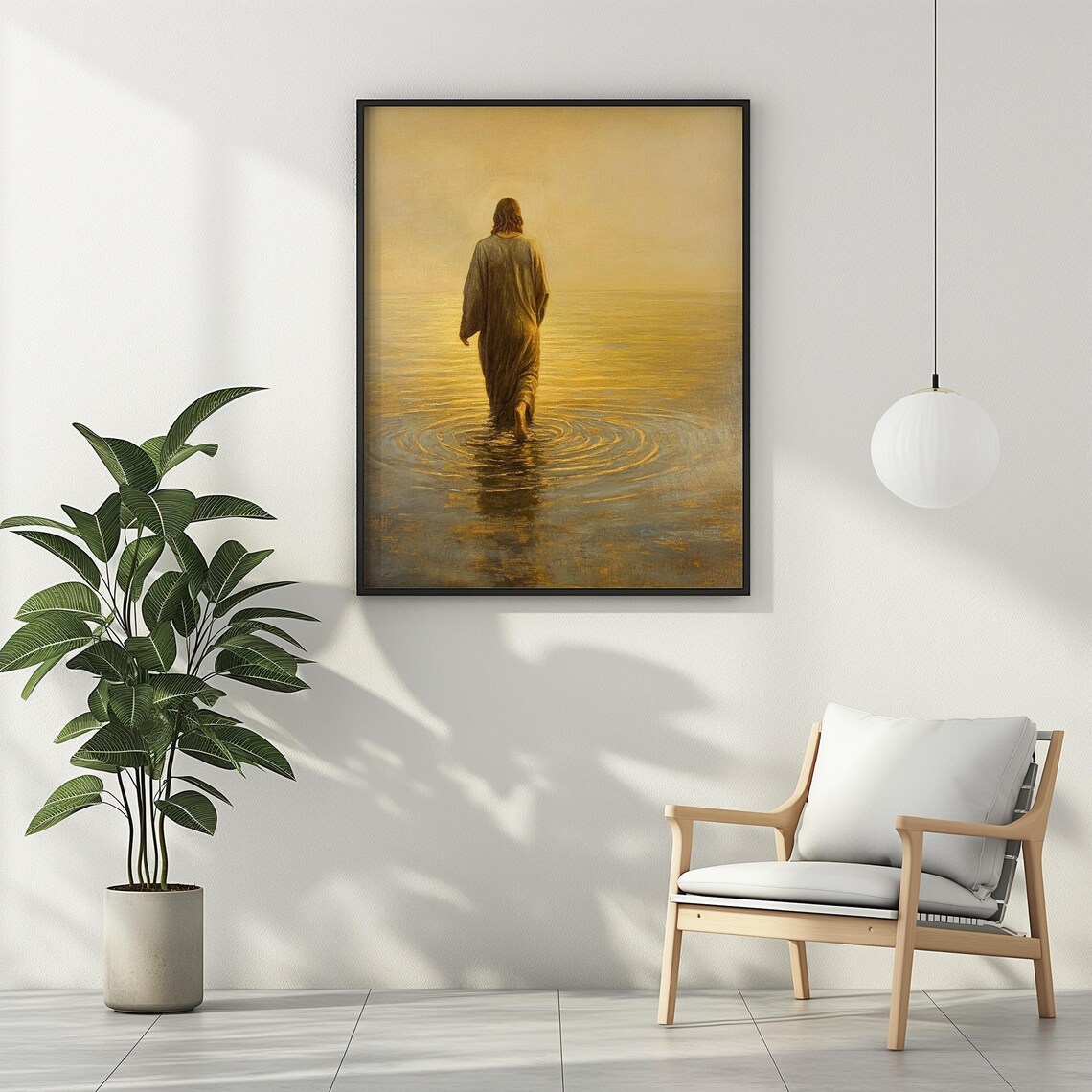 Jesus Walking on Shimmering Golden Water at Sunrise Faith Art Poster - Image 2