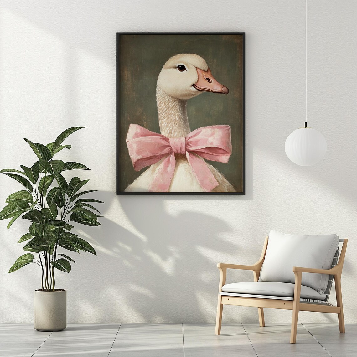 White Goose With Pink Bow Vintage Oil Painting Preppy Room Art Poster - Image 2