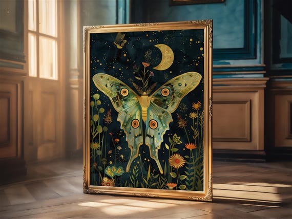 Luna Moth Wall Art Actias Luna Crescent Moon Witchy Occult Cottagecore Fairycore Artwork Vintage Wall Decor