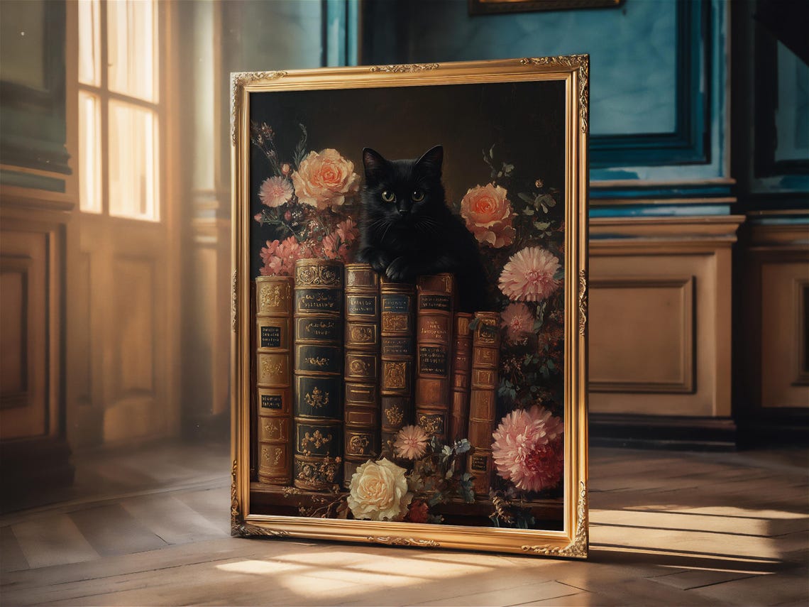 Black Cat Books Poster Print Vintage Oil Painting Wildflowers Wall Art Dark Academia Wall Decor Floral Flowers Book Lover Gifts Matte Poster - Image 2
