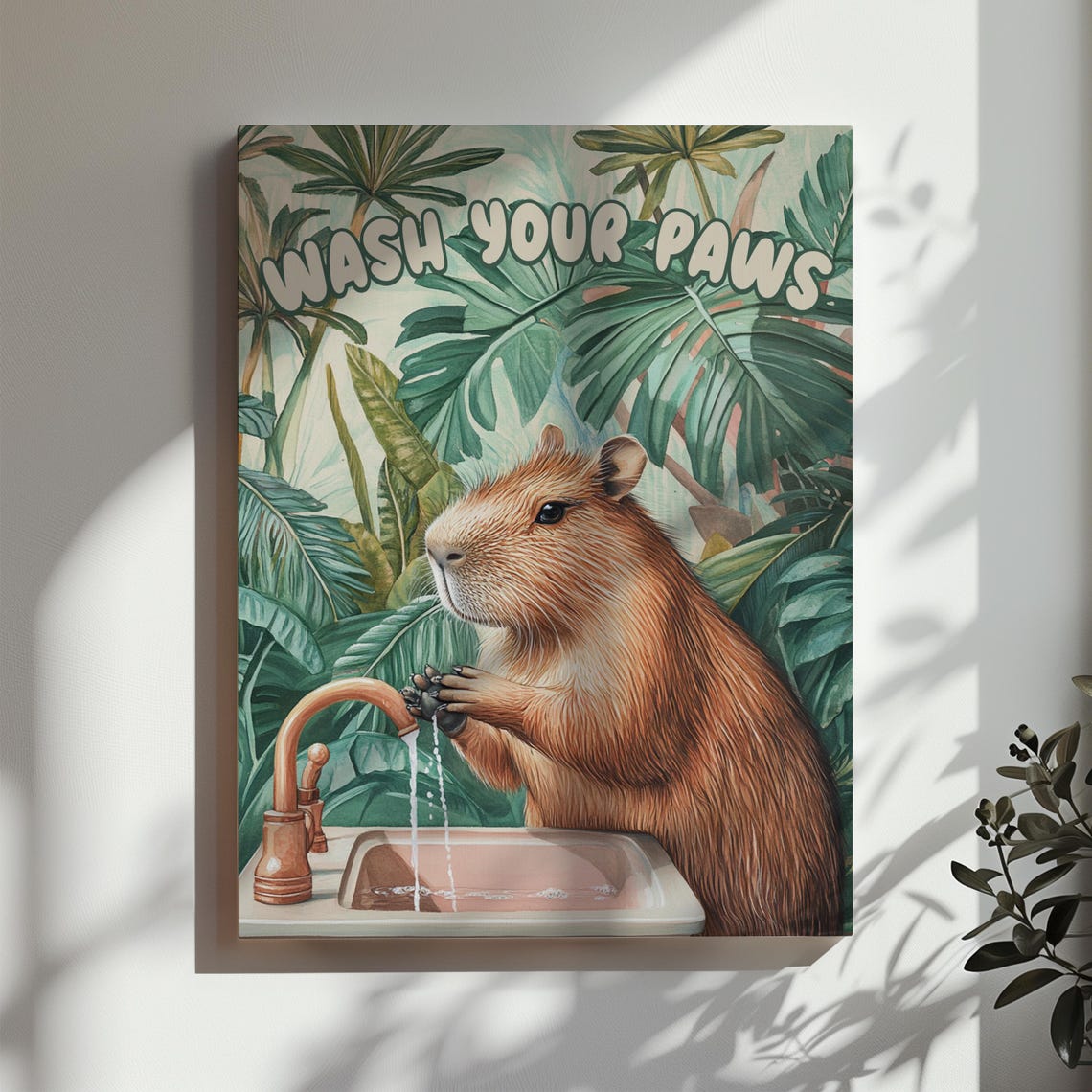 Capybara Wash Your Paws Under Faucet Funny Jungle Bathroom Poster