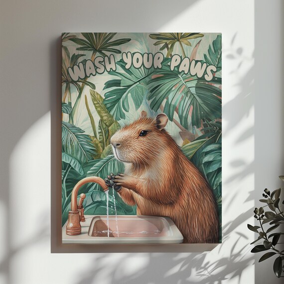Wash Your Paws Capybara Bathroom Wall Decor Funny Capybara Wall Art Tropical Plant Botanical Toilet Sign Poster