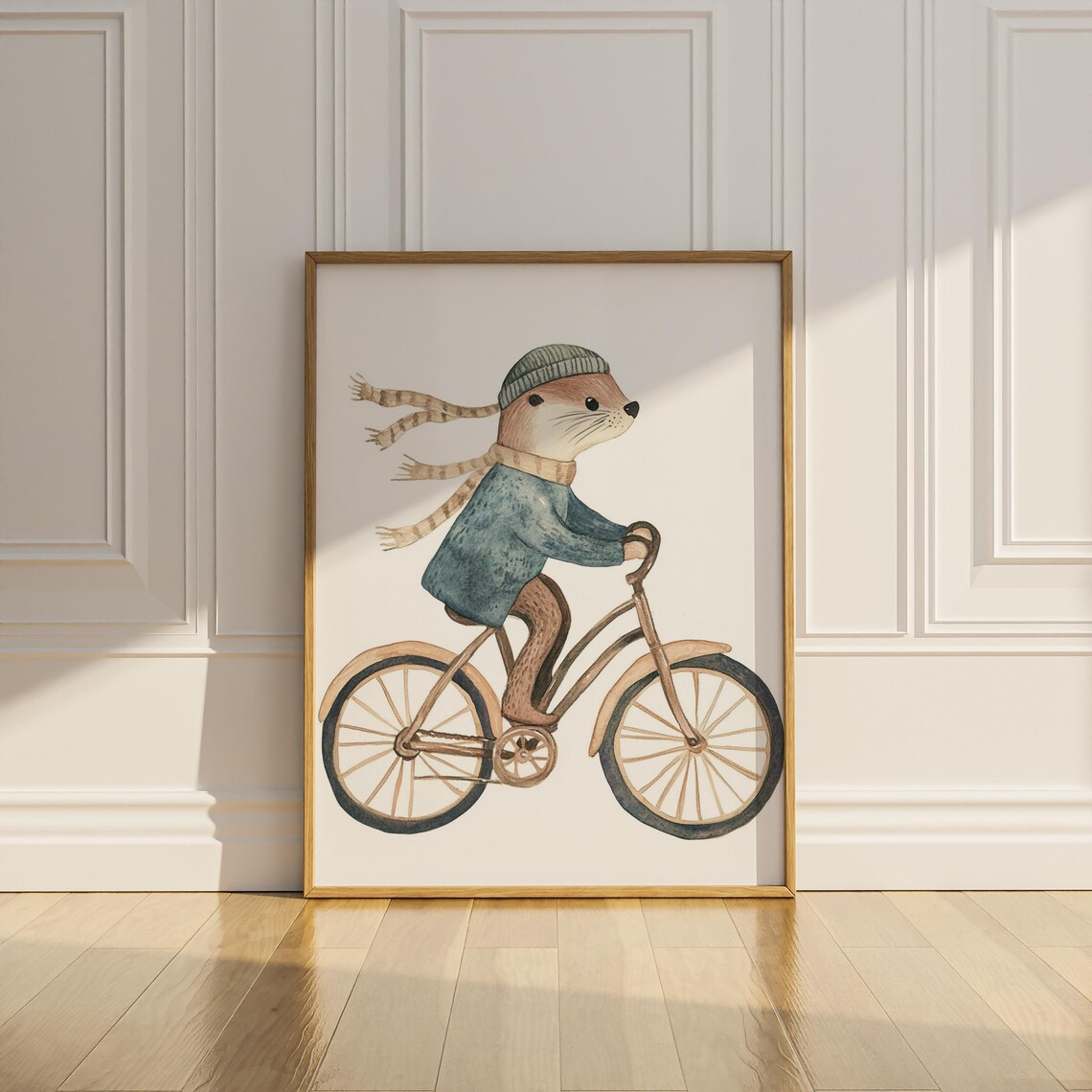 Otter With Beanie Riding Bicycle Watercolor Kids Nursery Room Art Poster - Image 3
