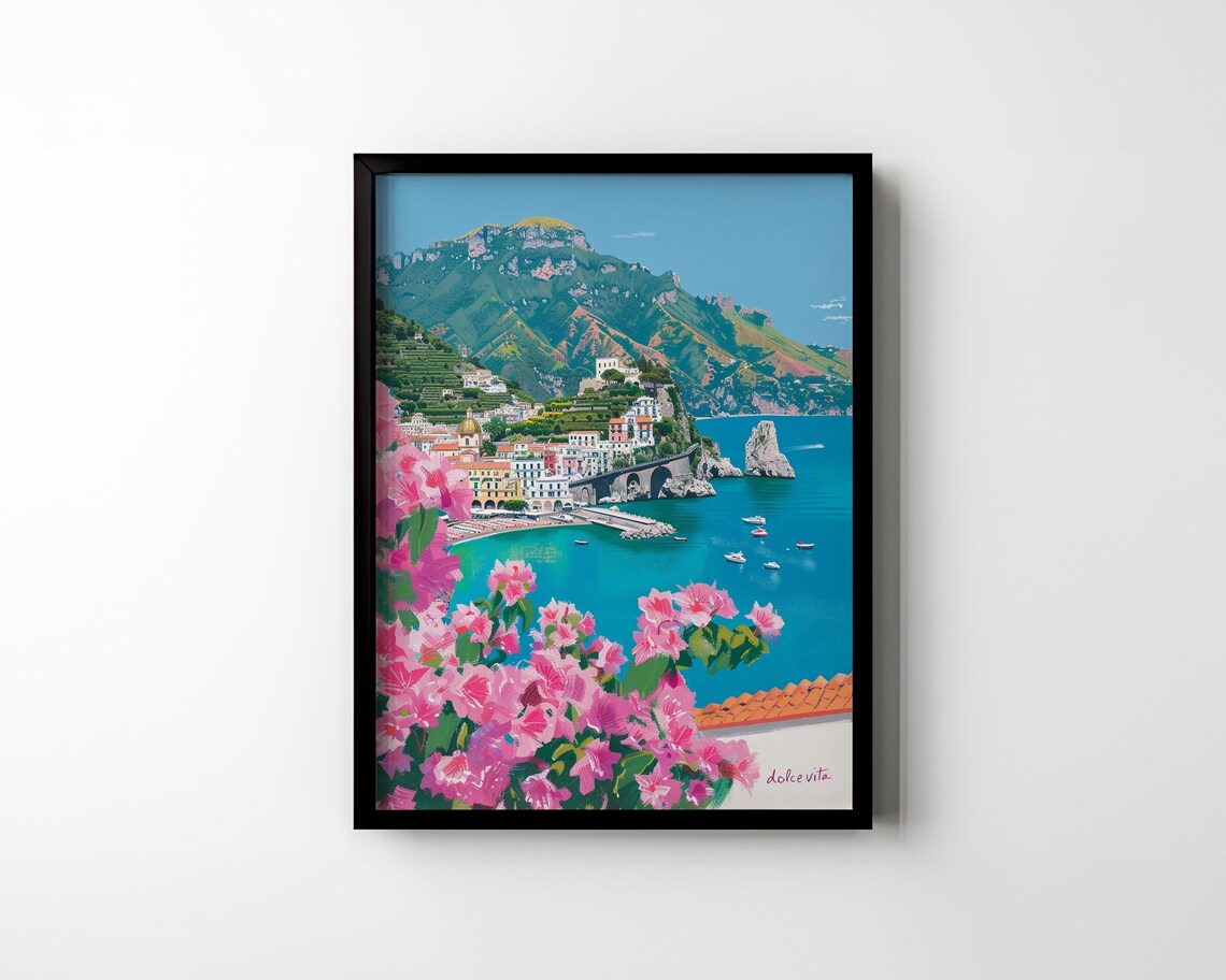 La Dolce Vita Amalfi Coast Pink Bougainvillea Vintage Travel Poster - Image 2
