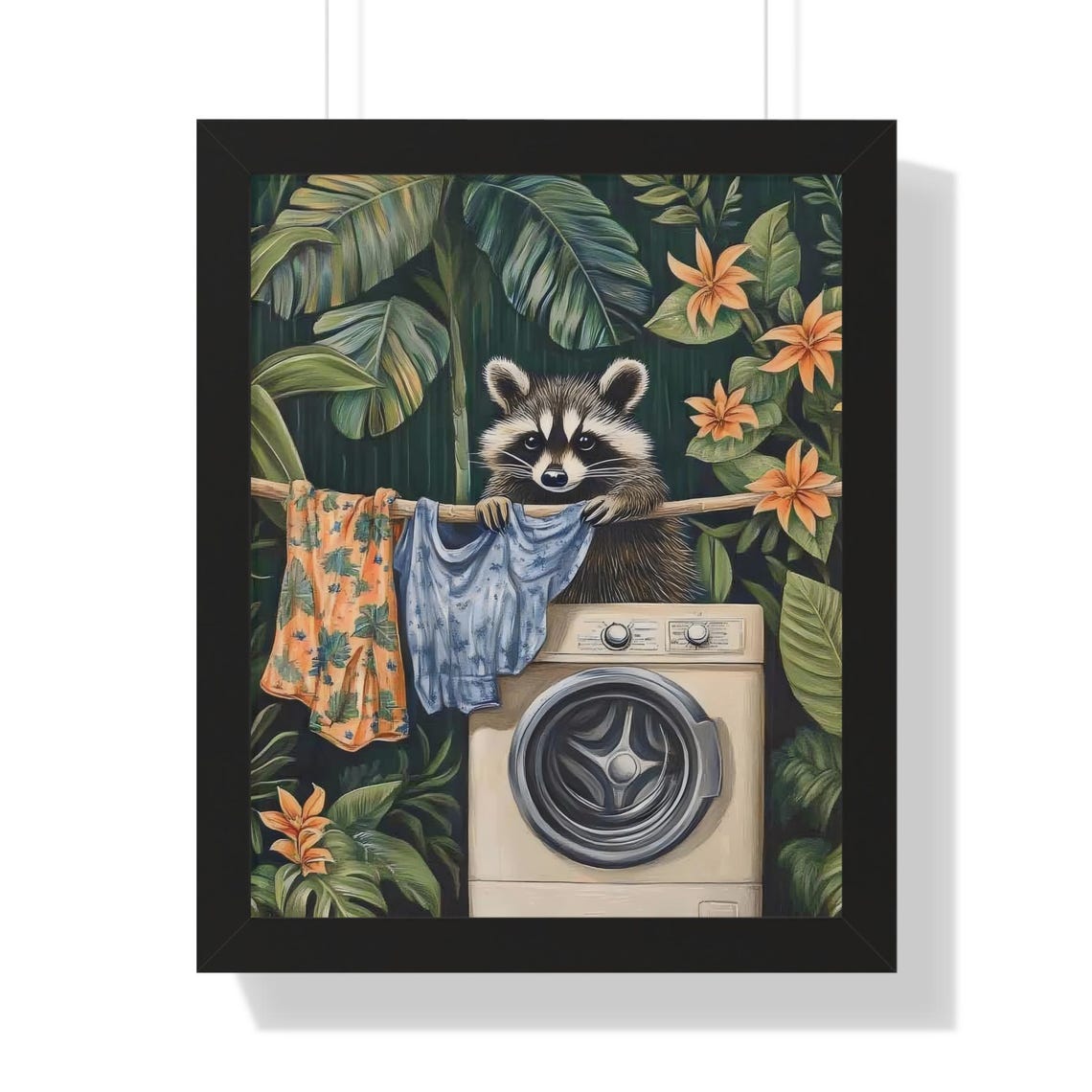 Raccoon Doing Laundry Behind Washer in Lush Jungle Scene Poster - Image 3