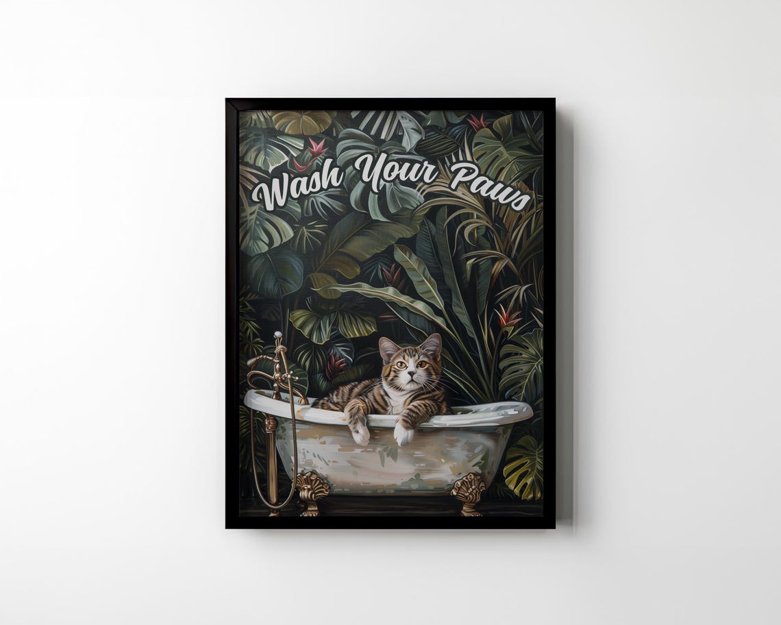 Wash Your Paws Tabby Cat in Vintage Bathtub Jungle Art Poster - Image 3