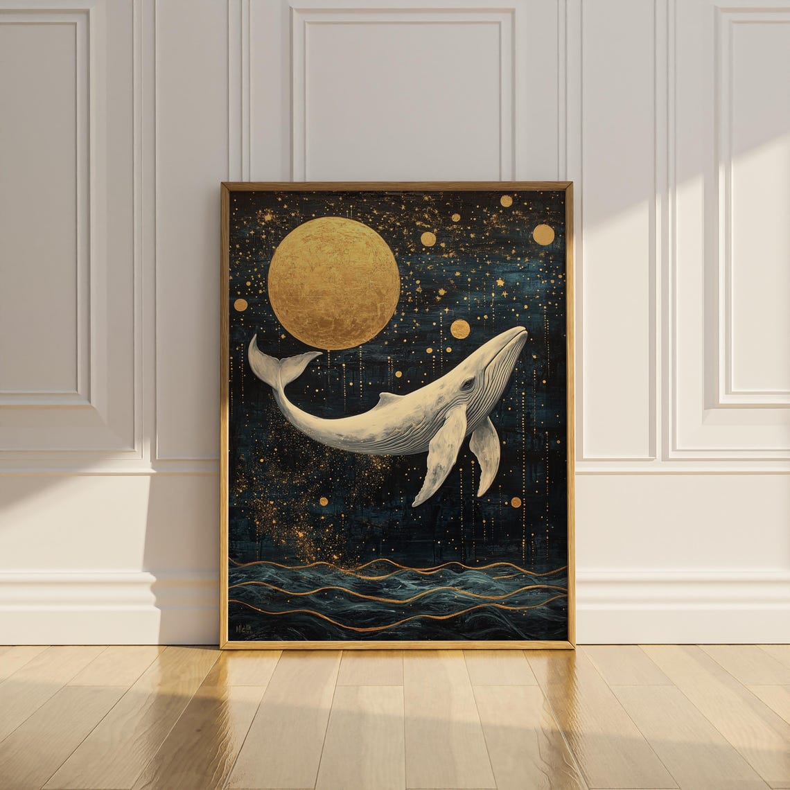 White Whale Swimming in Starry Night Sky Golden Moon Art Print - Image 3
