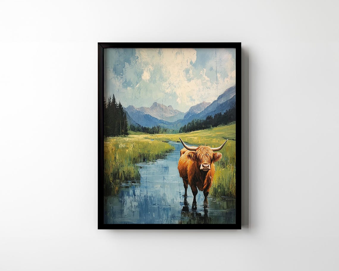 Ginger Highland Cow Wading in Mountain Stream Landscape Art Poster - Image 3
