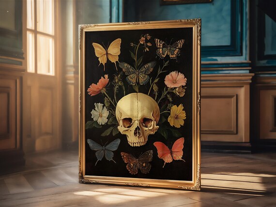 Memento Mori Skull Butterflies Wildflowers Gothic Dark Floral Poster