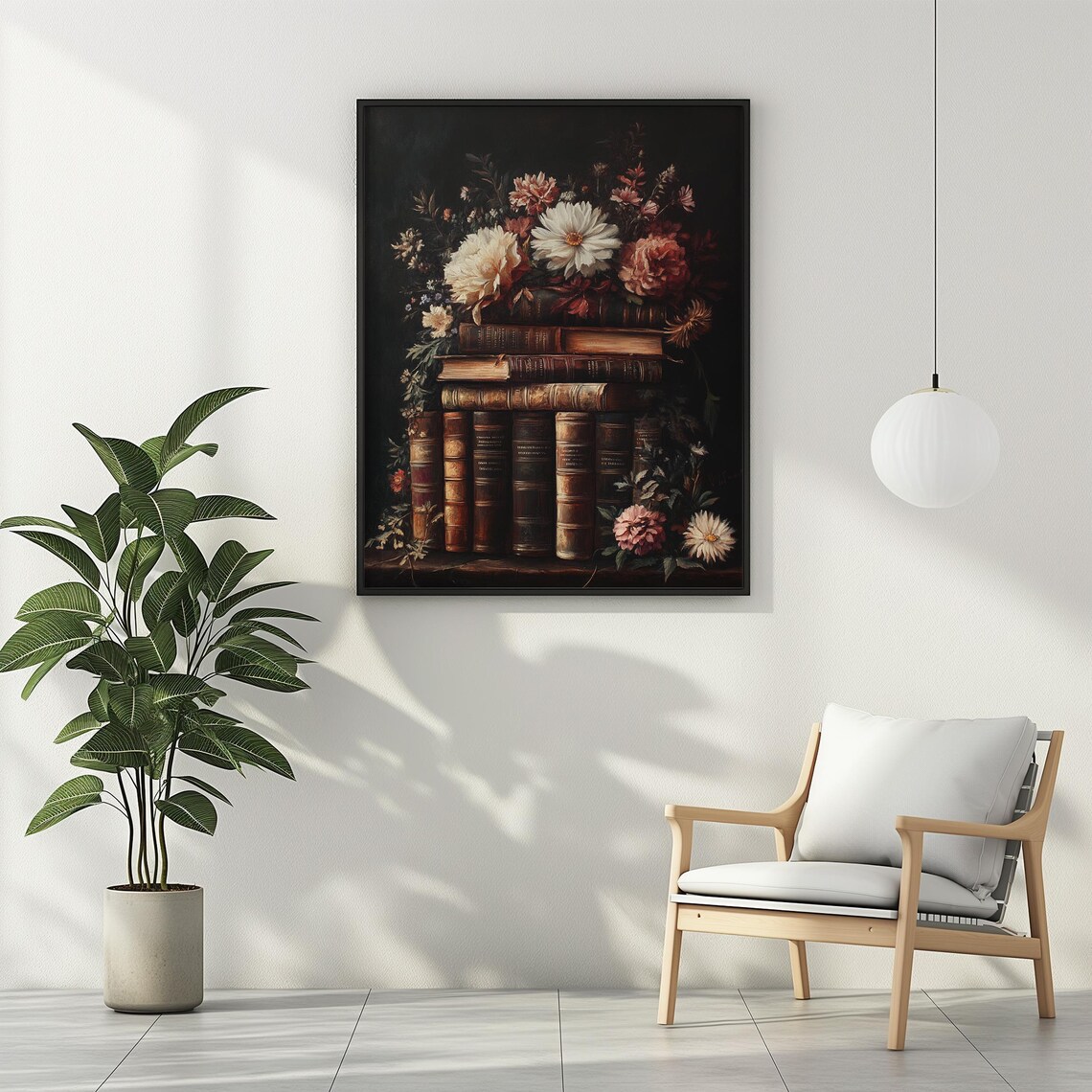 Antique Books with White Daisies Dark Floral Still Life Poster - Image 2