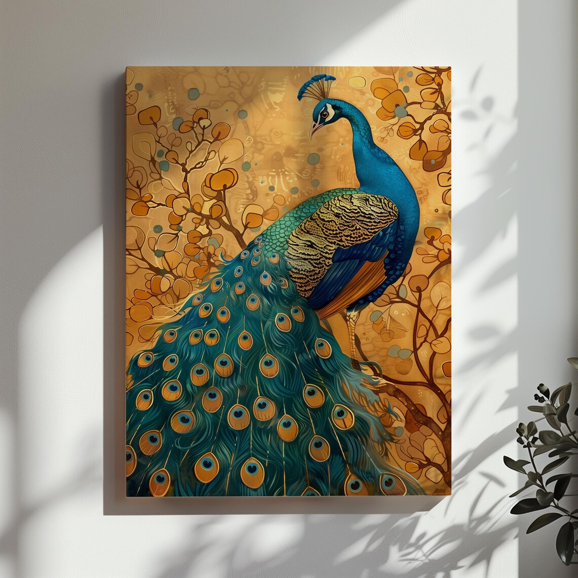 Majestic Peacock with Golden Floral Background Elegant Bird Art Poster - Image 3