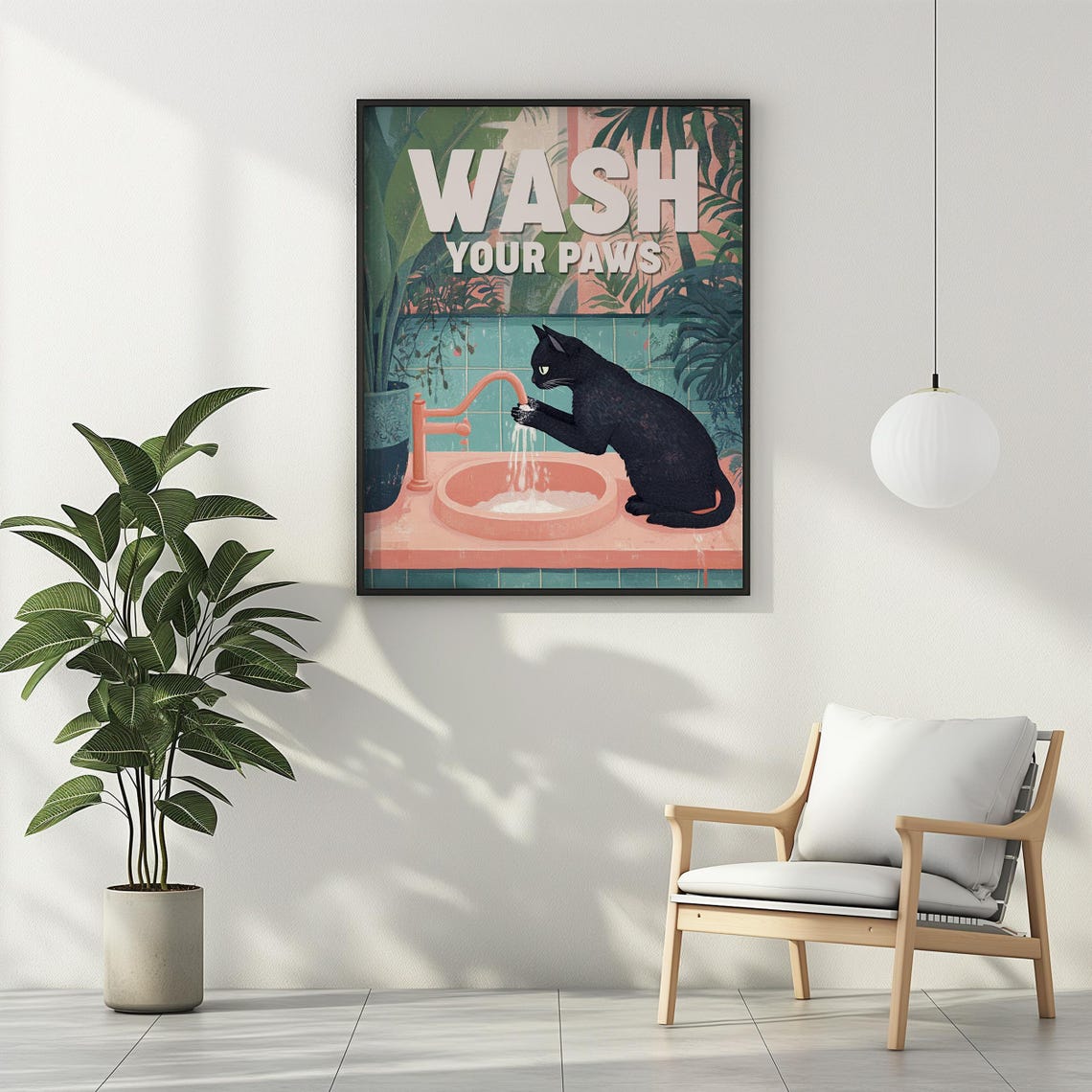 Wash Your Paws Black Cat Washing Paws at Sink Tropical Art Poster - Image 2
