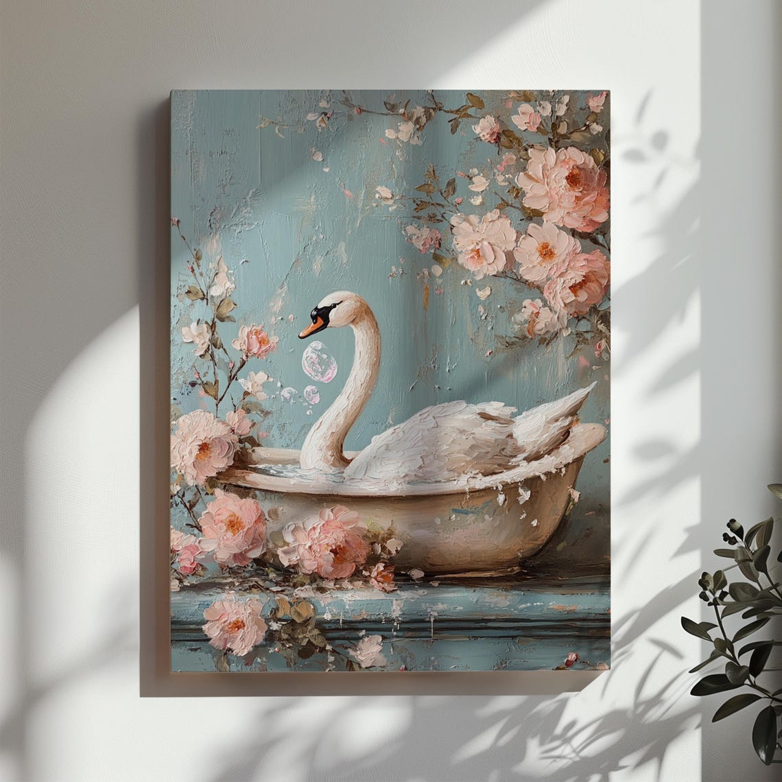 White Swan Floating in Rose Filled Bathtub Vintage Floral Art Poster - Image 2