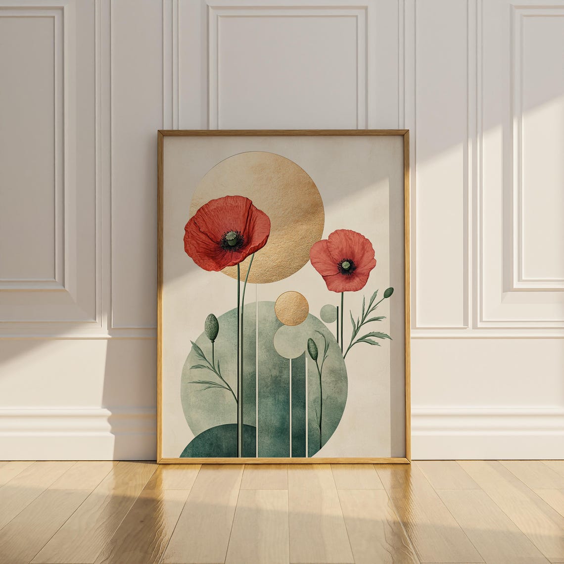Abstract Red Poppies Gold Sun Sage Green Mid Century Floral Poster - Image 2