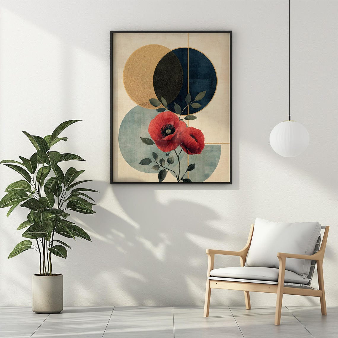 Modern Abstract Red Poppies Gold Circles Mid Century Geometric Poster - Image 2
