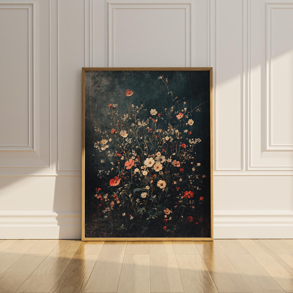 Moody Wildflower Bouquet Dark Background Vintage Oil Painting Poster - Image 3