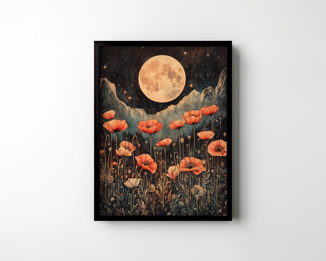 Red Poppies Under Full Moon Starry Night Mountain Meadow Poster - Image 2