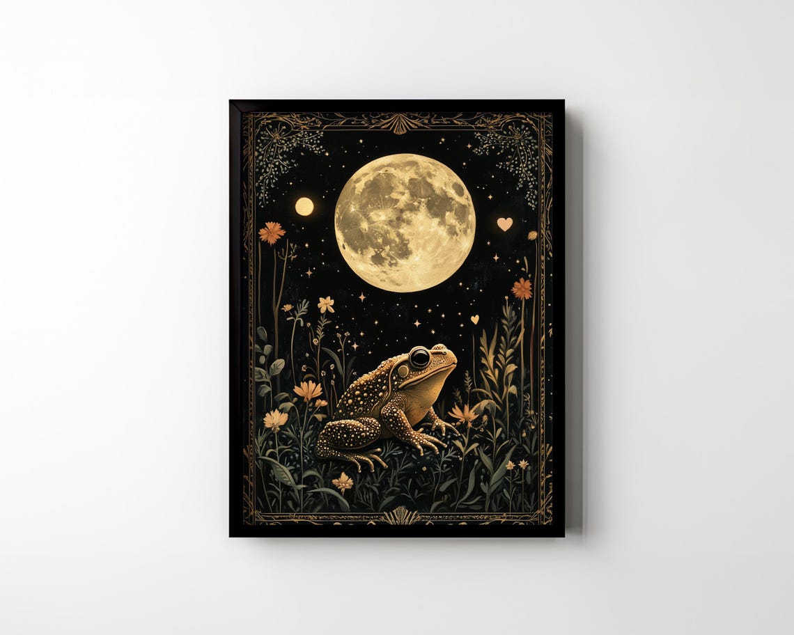 Golden Toad under Full Moon on Black Dark Celestial Night Art Poster - Image 2