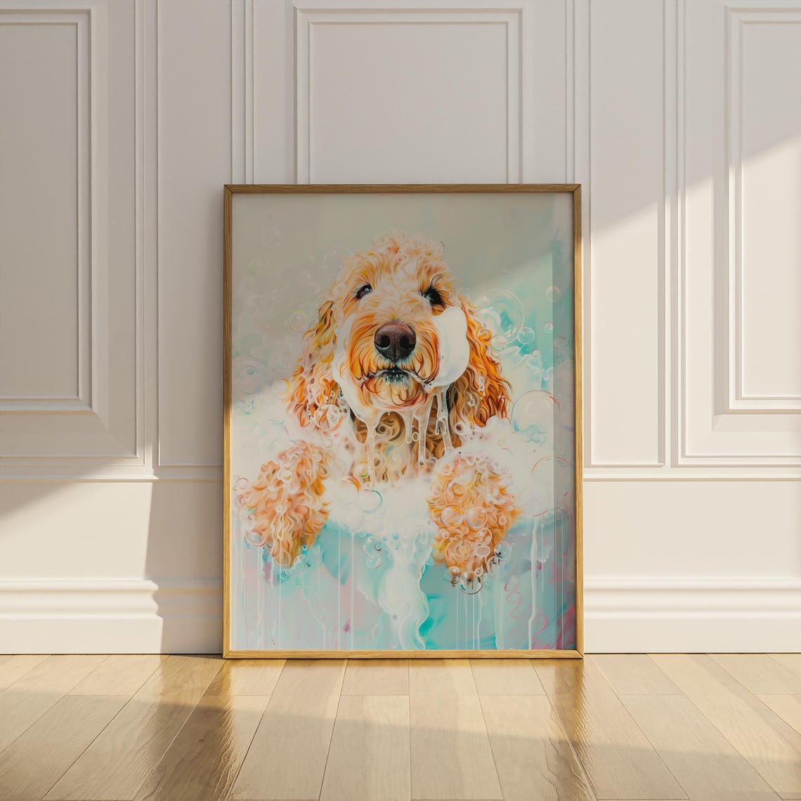 Goldendoodle Bubble Bath Watercolor Cute Dog Bathroom Wall Poster - Image 2