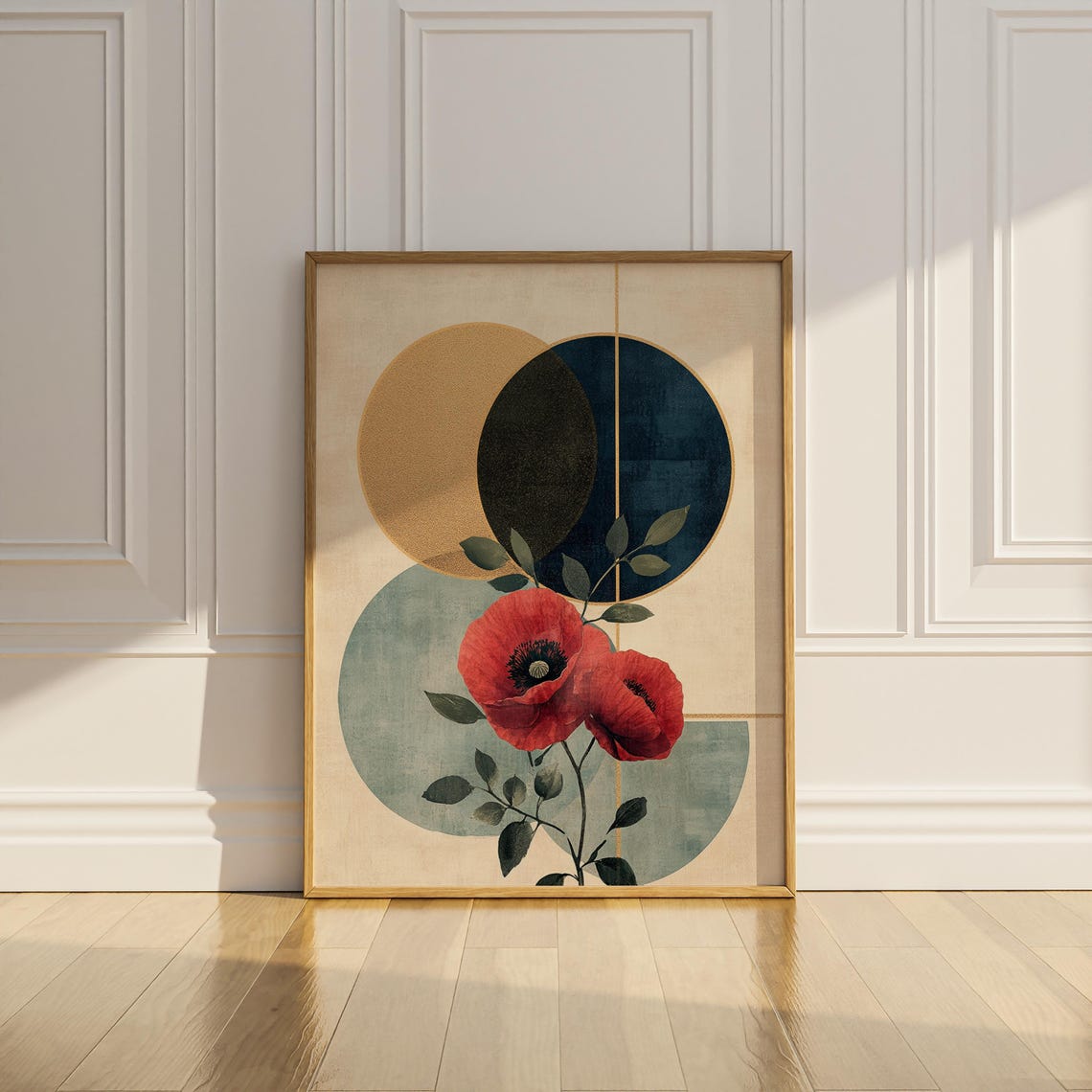 Red Poppies and Golden Circles Art Deco Floral Botanical Poster - Image 3