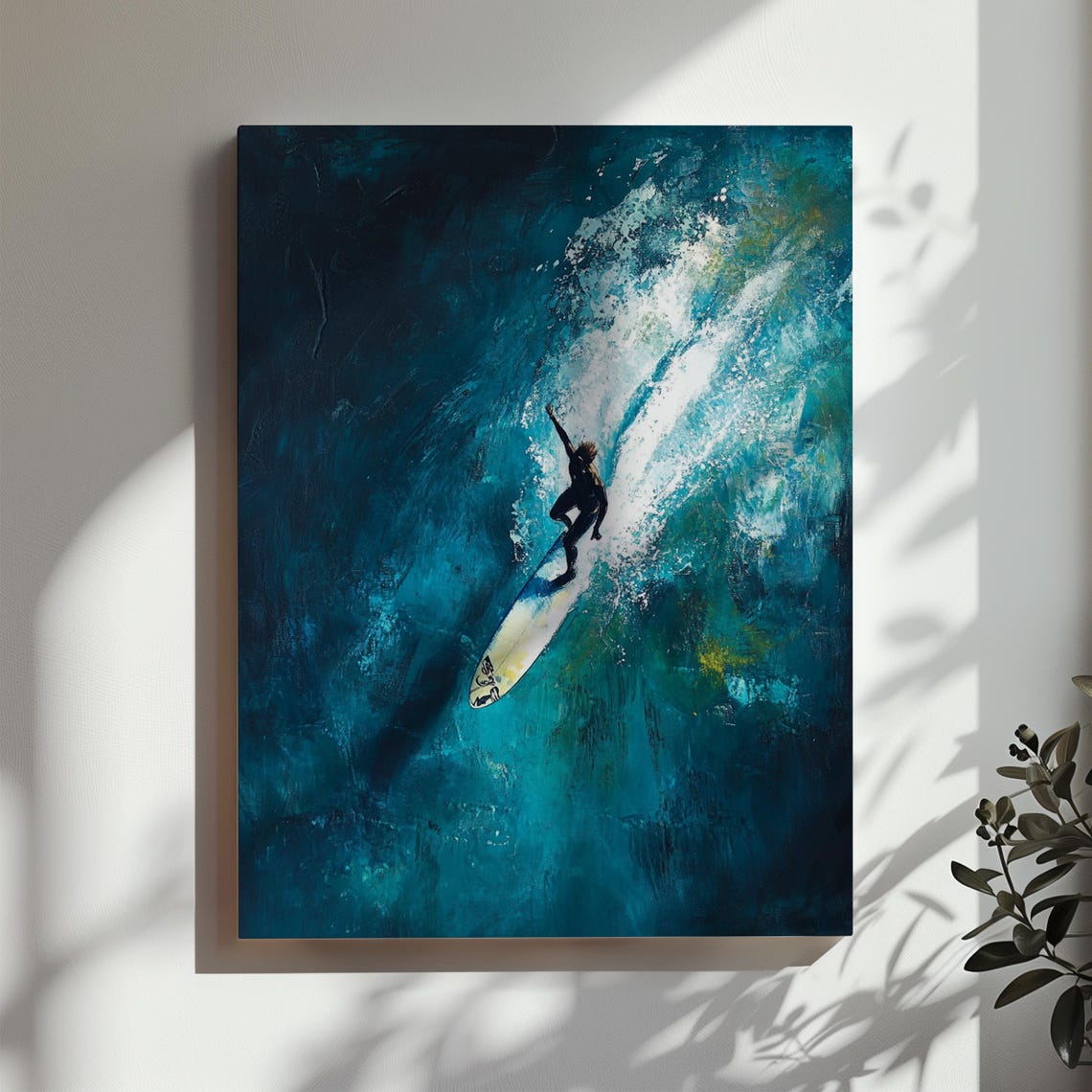 Surfer Riding Giant Wave Aerial Ocean Painting Deep Blue Poster