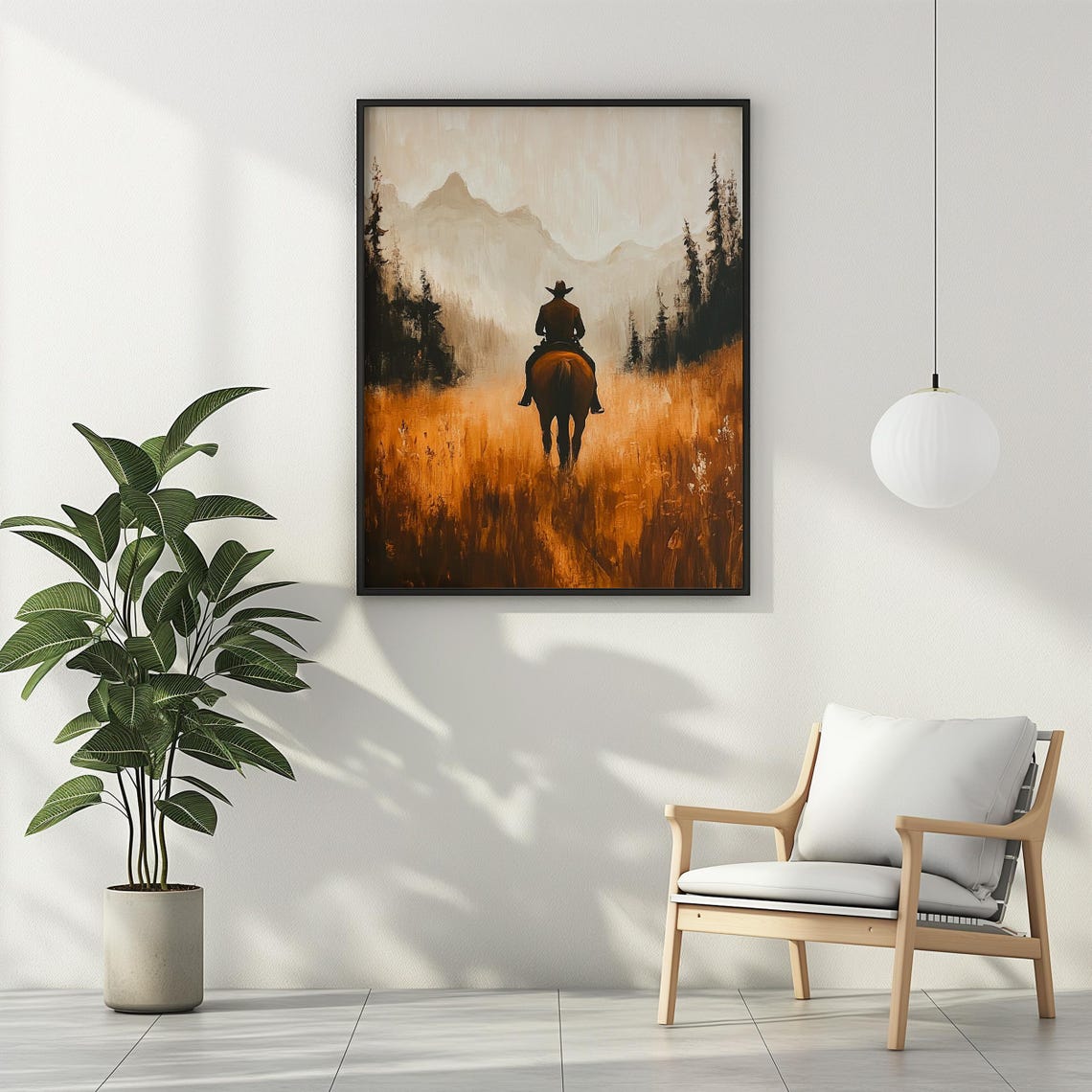 Cowboy Riding Toward Mountains in Golden Wheat Field Wall Art - Image 3