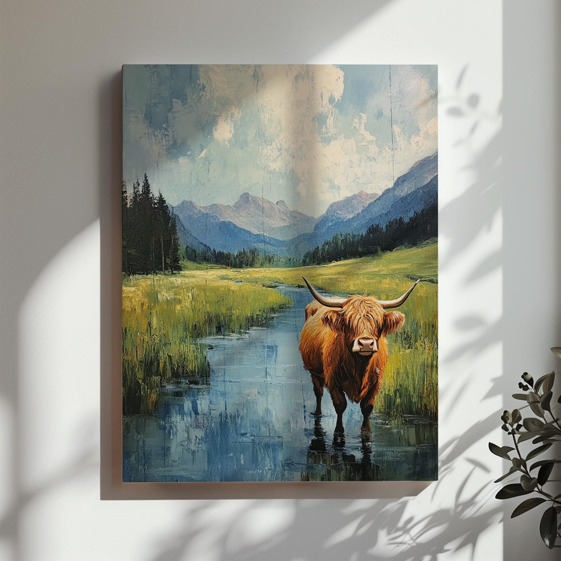 Ginger Highland Cow Wading in Mountain Stream Landscape Art Poster - Image 2
