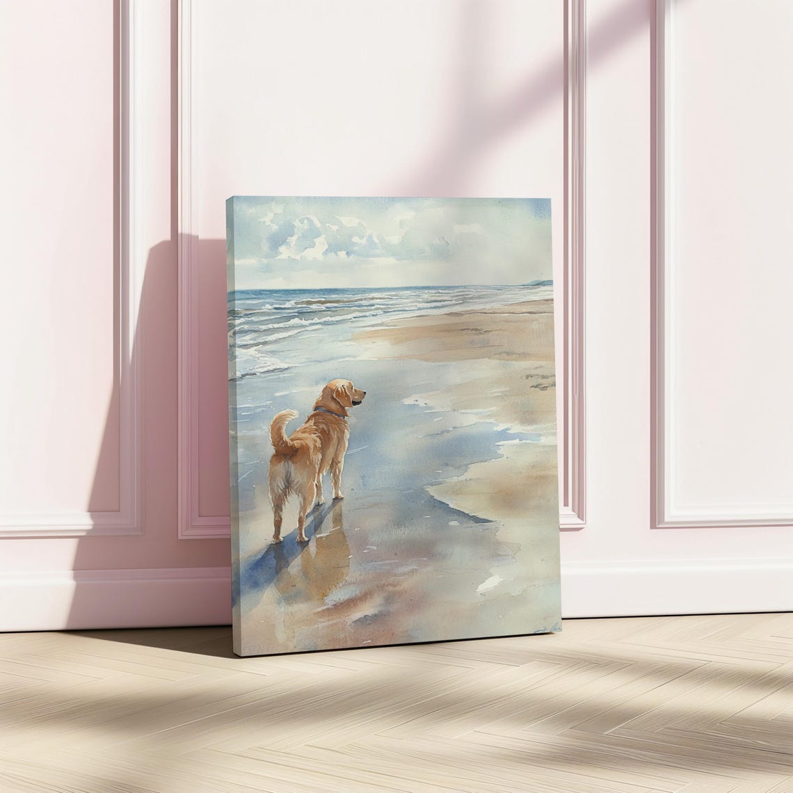 Golden Retriever Standing On Beach Ocean Watercolor Dog Art Poster - Image 2