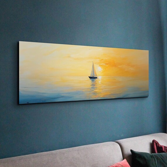 Sailboat Sailing Into Golden Sunset Ocean Painting Waves Poster