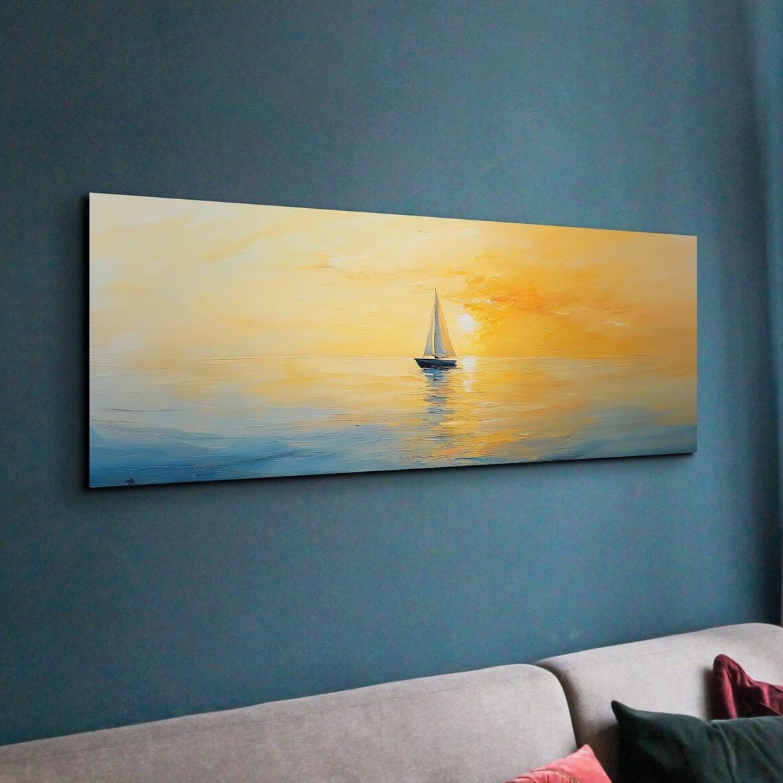 Sailboat Sailing Into Golden Sunset Ocean Painting Waves Poster