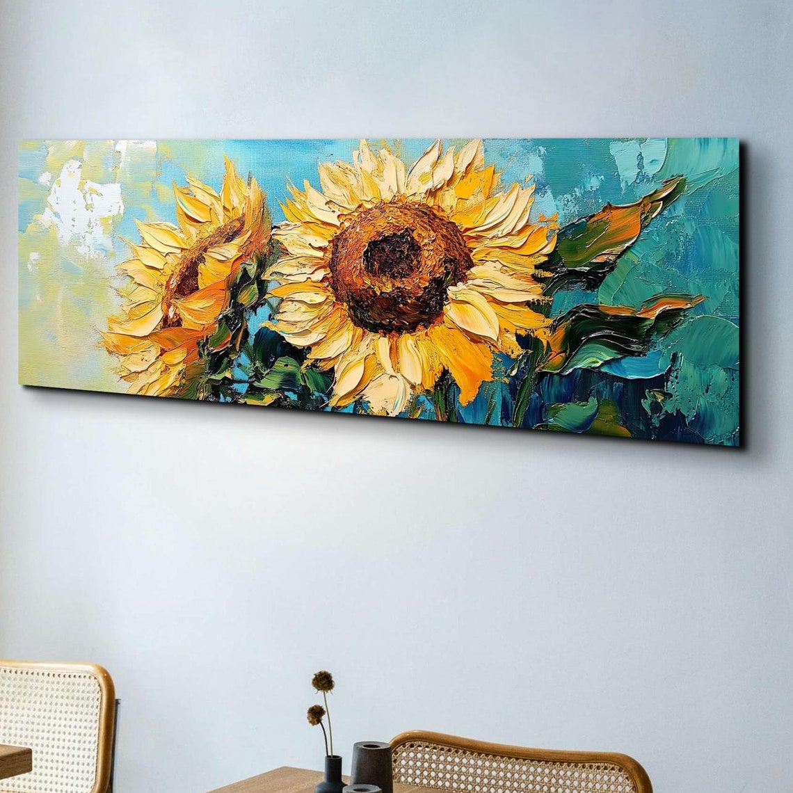 Two Large Sunflowers Golden Teal Impasto Panoramic Art Poster