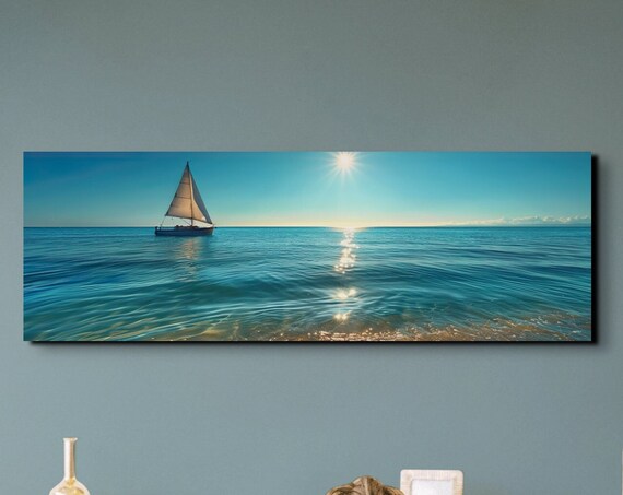 Serene Lone Sailboat Gliding Over a Calm Sunlit Blue Ocean Poster