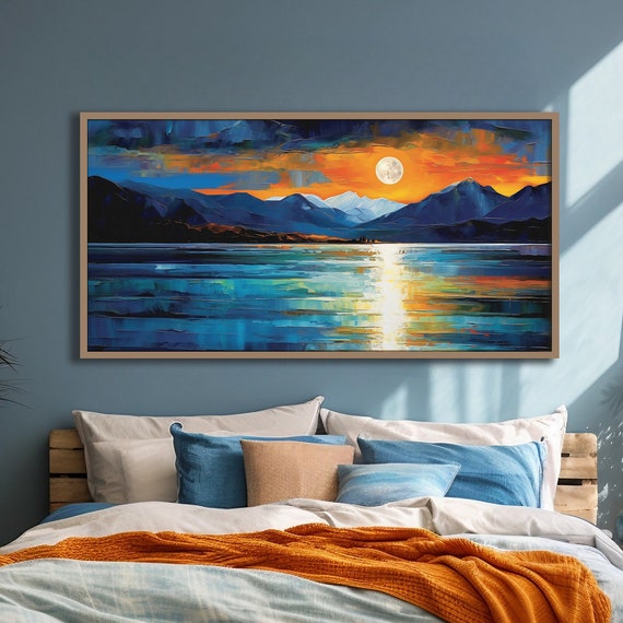 Panoramic Landscape Art Blue Teal Orange Wall Decor Bold Seascape Art Cool Unique Abstract Wall Art Bachelor Pad Art Over The Sofa Art