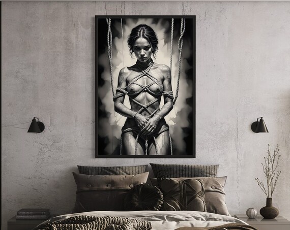 Shibari Rope Bondage Art Black and White Female Portrait Poster