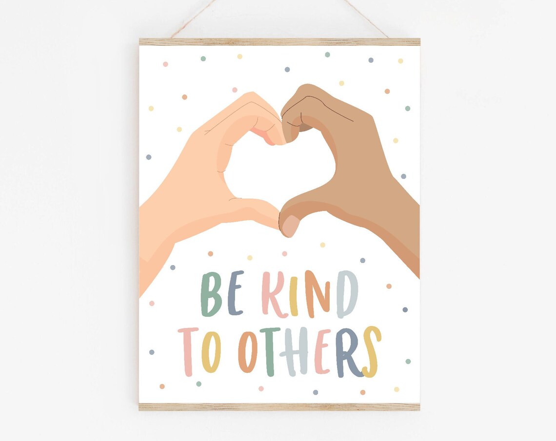 Be Kind To Others Heart Hands Pastel Kids Classroom Nursery Wall Art